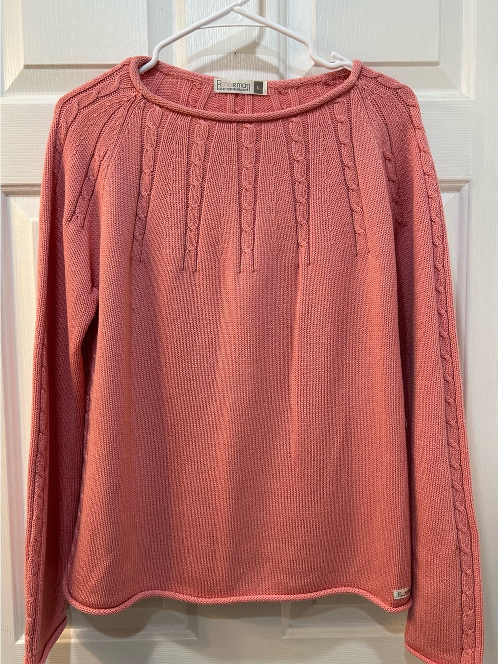 Fisherman Out Of Ireland‎ Pink Cableknit Roll Hem Sweater Sz L Girly Cottagecore